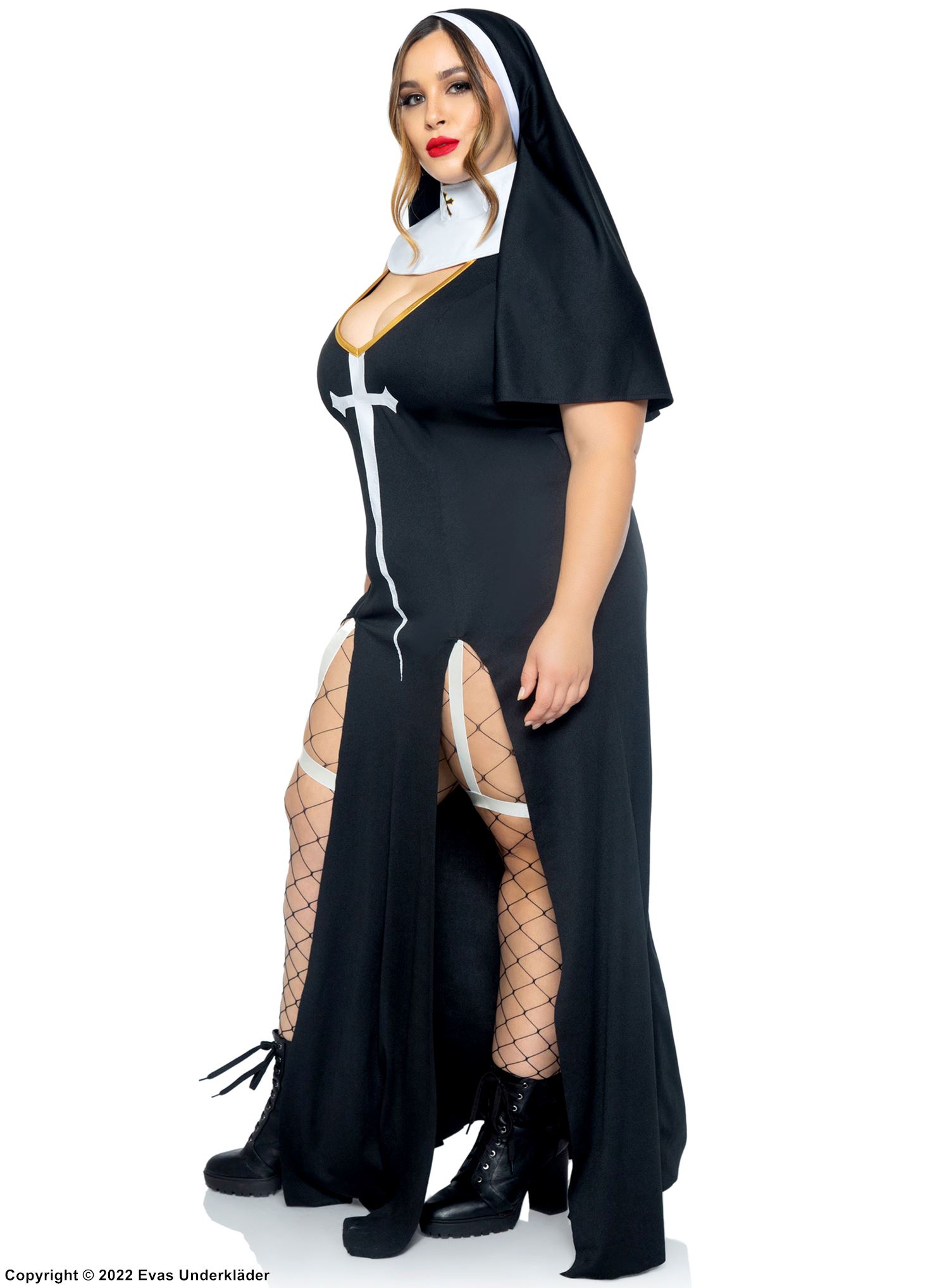Nonne, kostyme-kjole, høy spalte, innbygd strømpebåndsstropp, kristenkors, plus size